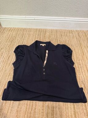 Burberry Navy Short-Sleeve Polo with Check Trim